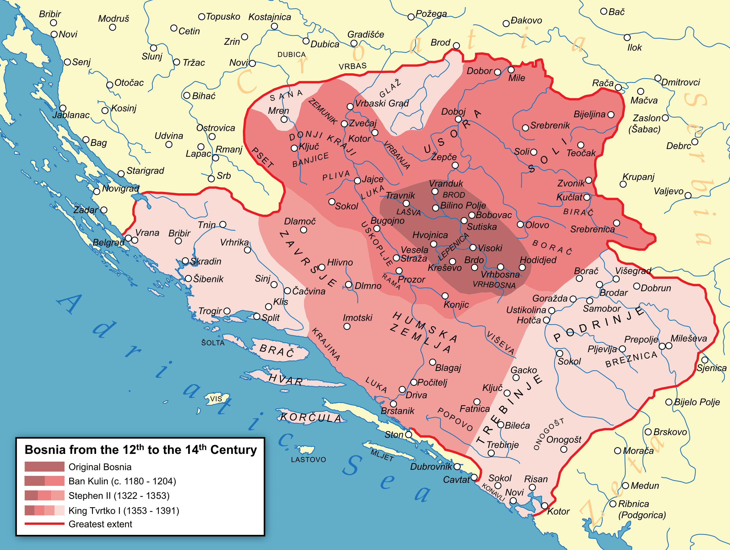 Ausdehnung des Königreichs Bosnien vom 12.-14. Jahrhundert, mit Hum - "Humska zemlja" - mittig und dem angrenzenden Fürstentum Zeta rechts unten