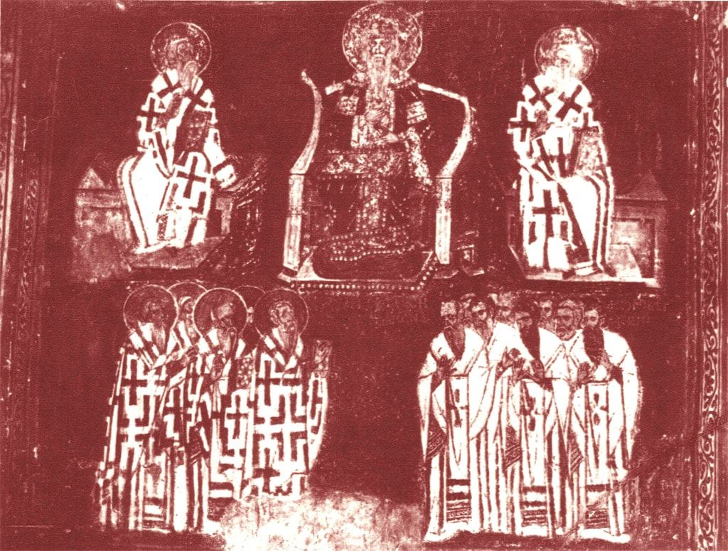 Nemanjas Versammlung gegen die Bogomilen in Raszien. Fresko aus der Kirche des Heiligen Achillios in Arilje, um das Jahr 1290. Der Großzupan Stefan Nemanja, der der Versammlung vorsitzt, ist in der Mitte der Komposition abgebildet. Zu seiner Linken und Rechten befinden sich kirchliche Würdenträger. Links unten sind Vertreter des orthodoxen Klerus zu finden - erkennbar an der Aureole, dem Symbol der Heiligkeit, um den Kopf. Rechts unten sind die "Halbgläubigen" zu sehen - die Bogomilen, die auf der Versammlung als Ketzer verurteilt wurden.