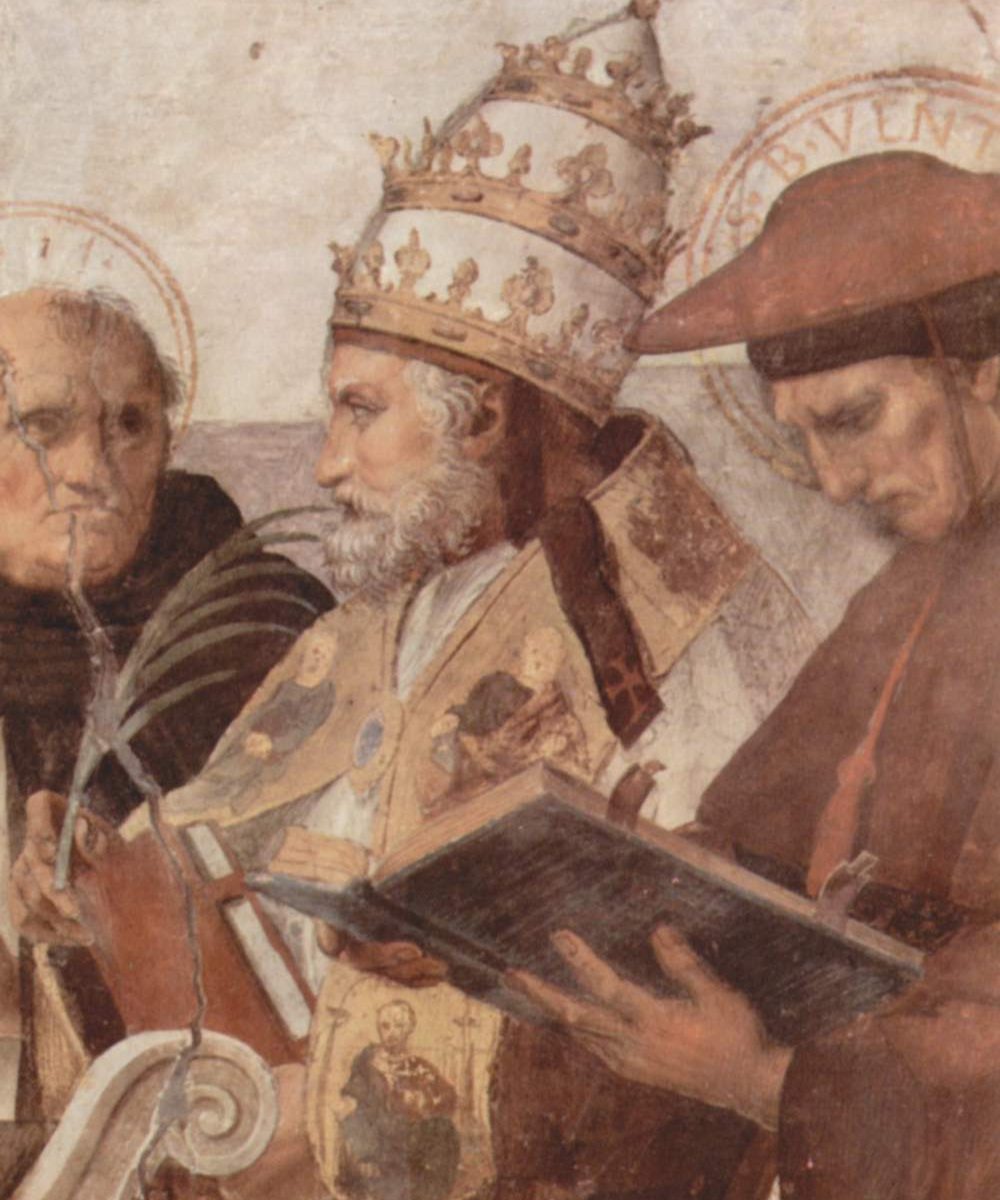 Wandfresko mit Thomas von Aquin, Papst Innozenz III. und Bonaventura
