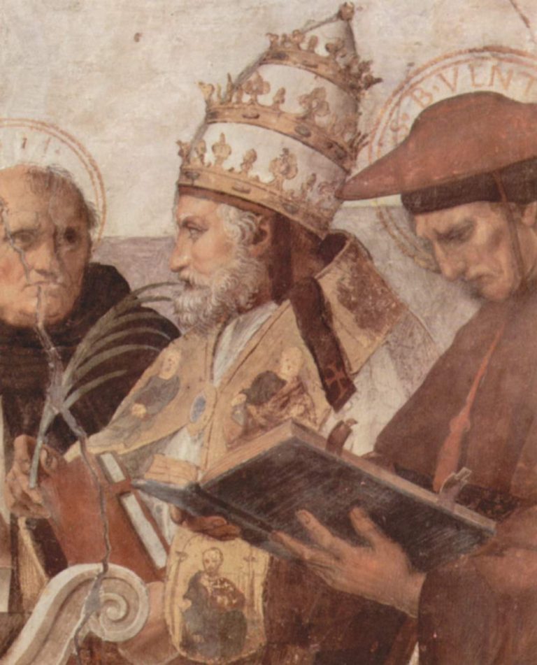 Wandfresko mit Thomas von Aquin, Papst Innozenz III. und Bonaventura