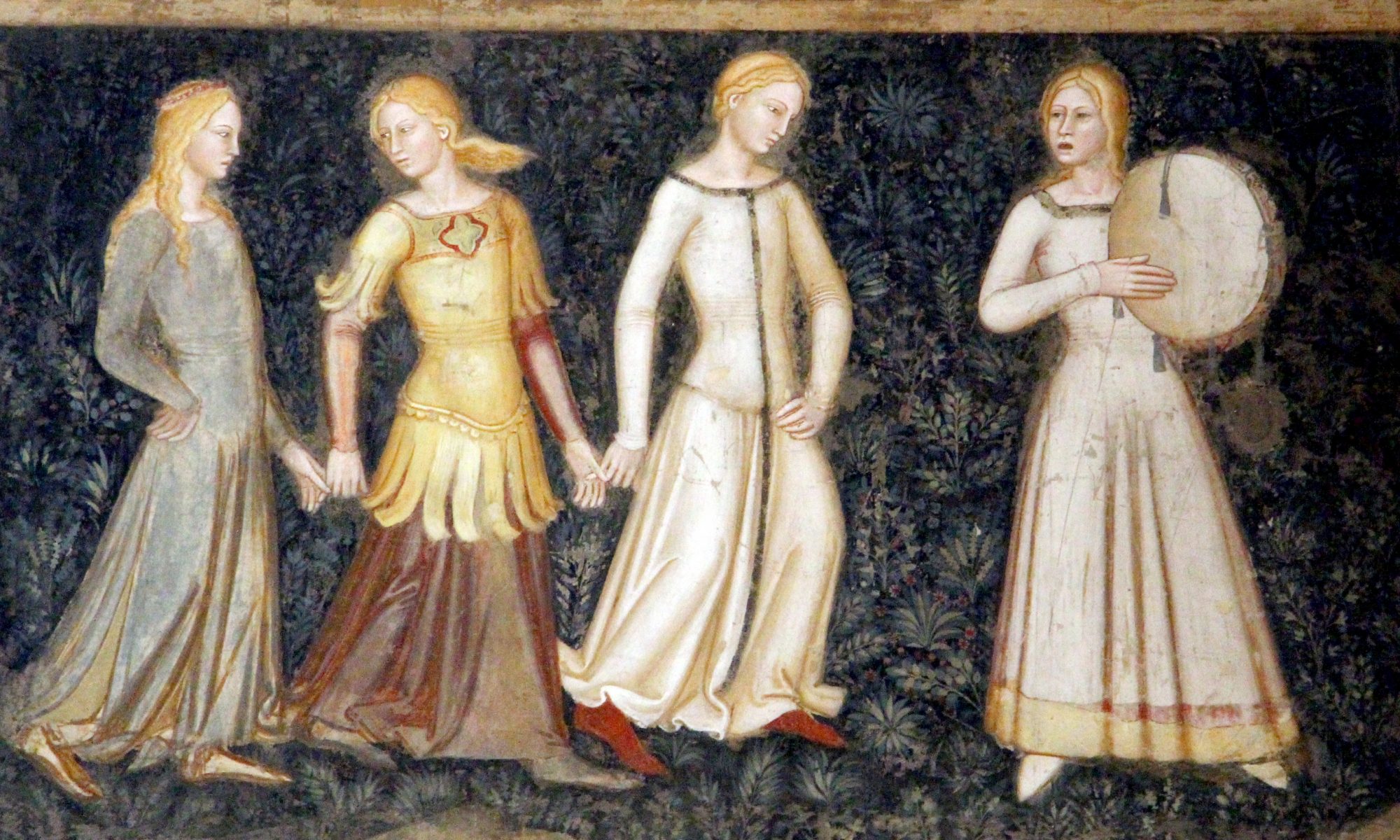 Srednjeveške dvorne dame se odzovejo klicu – detajl s freske di Bonaiuta