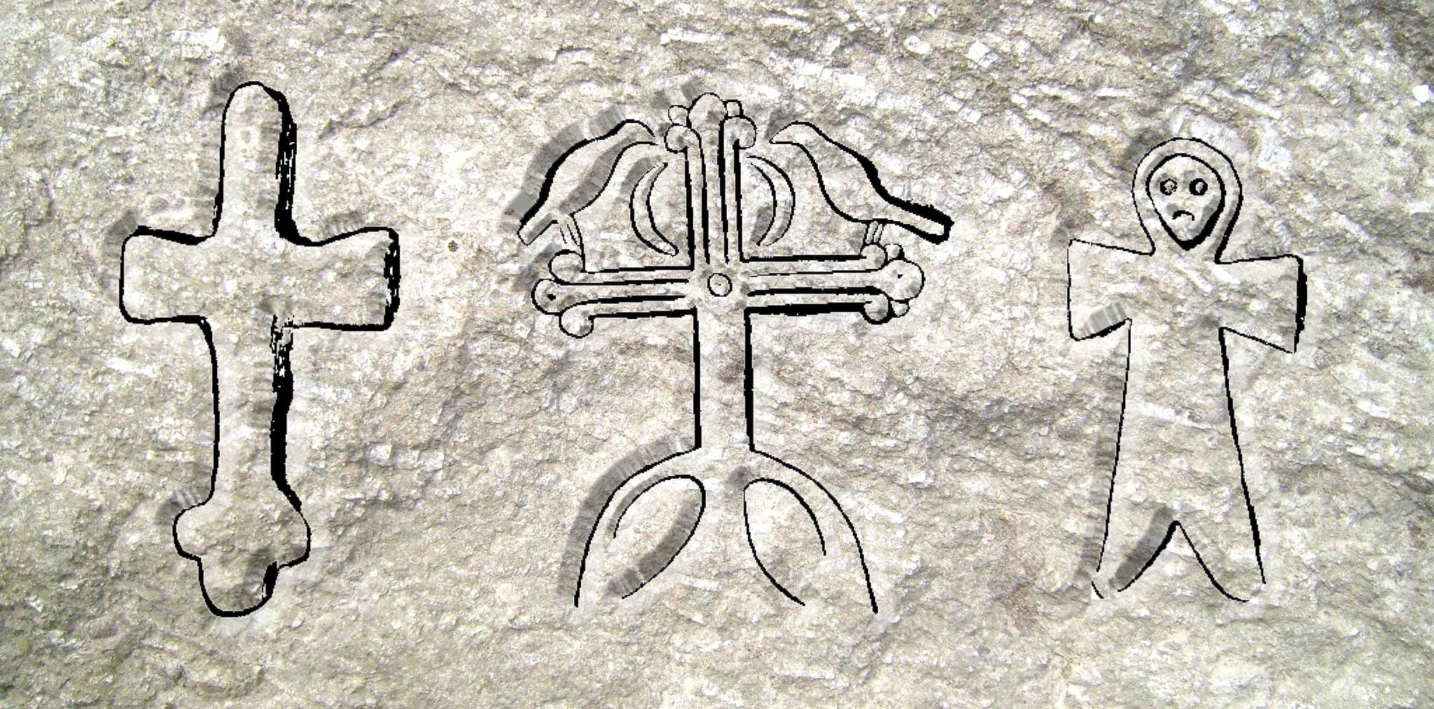 Ausgewählte Kreuzsymbole auf stećci: ein einfaches Kreuz ohne Korpus in Čerin, Mostar - ein stilisiertes Lichtkreuz mit Vögeln und Halbmonden in Bijela Rudina, Bileća - ein anthropomorphes Kreuz in Milavići, Stolac