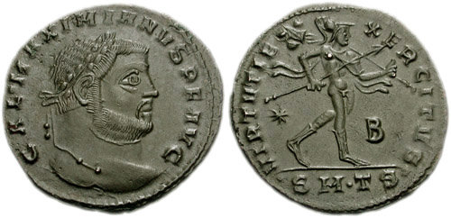 Münze mit Galerius und dem Kriegsgott Mars