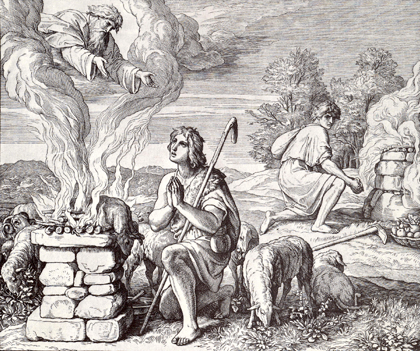 Szene aus dem Alten Testament der Bibel: Kain und Abel verbrennen ein Schaf als Tieropfer