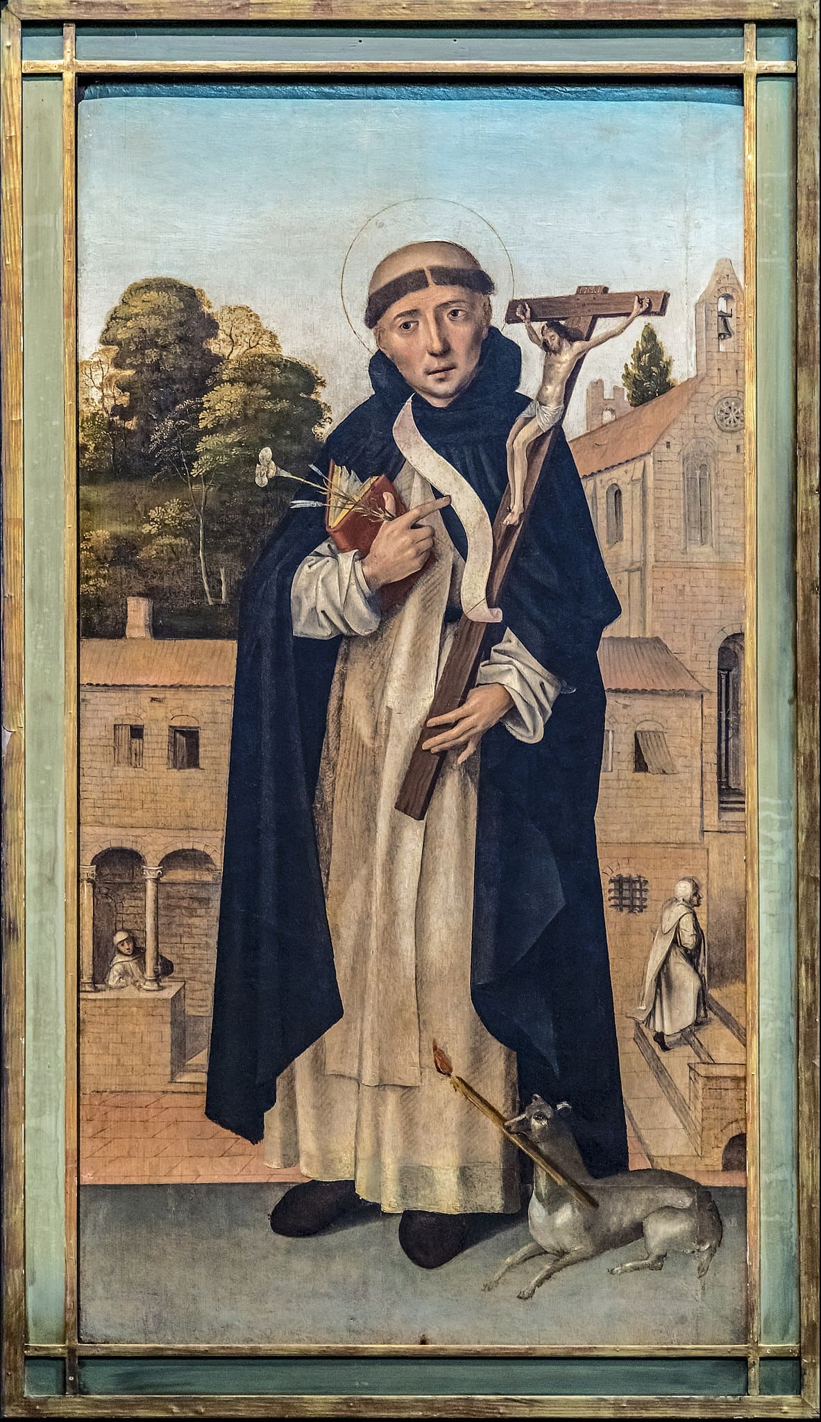 Portrait des Hl. Dominikus, mit Kruzifix und Hund mit Fackel – ein Verweis auf die Scheiterhaufen der Inquisition