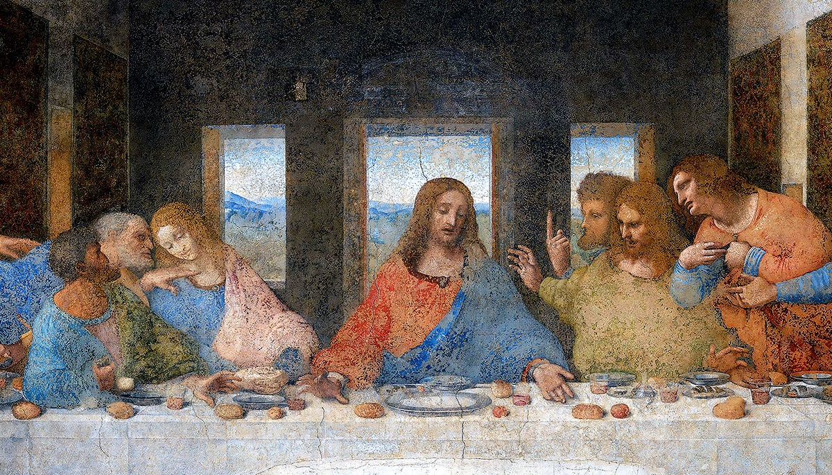Letztes Abendmahl von Leonardo da Vinci, mit Apostel Johannes links neben Jesus